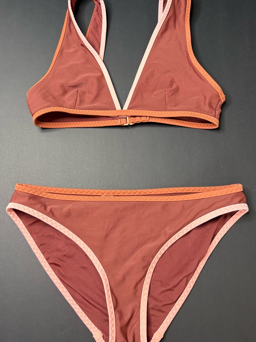 aerie Two-Piece Triangle Bikini in Rust with Peach and Orange Trim